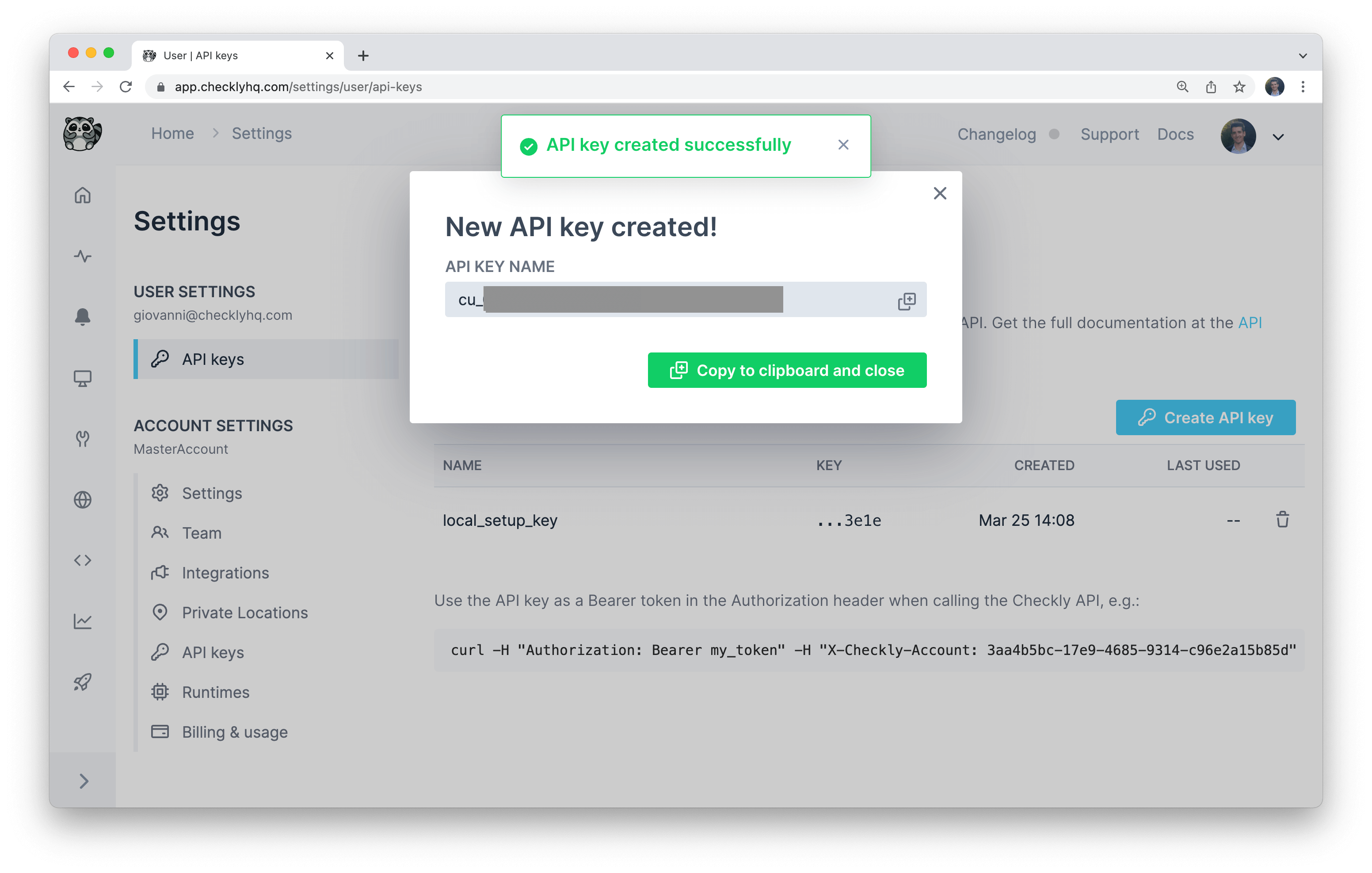 api key tab in checkly settings