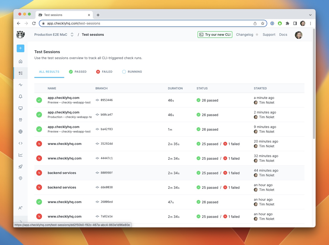 test sessions overview